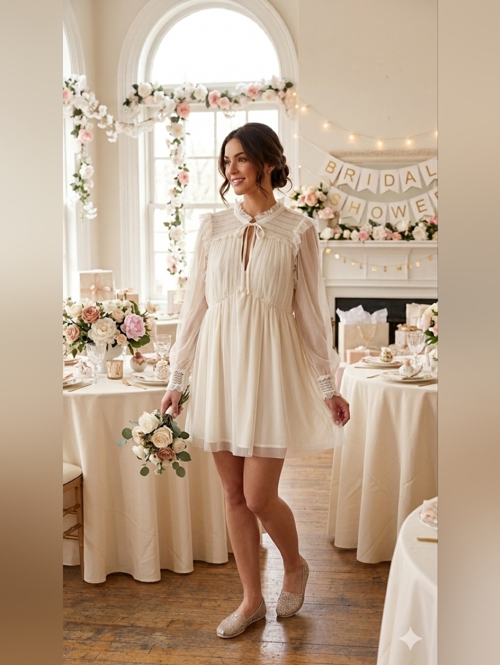 Umgee Size S Ivory Long Sleeved Chiffon Mini Dress